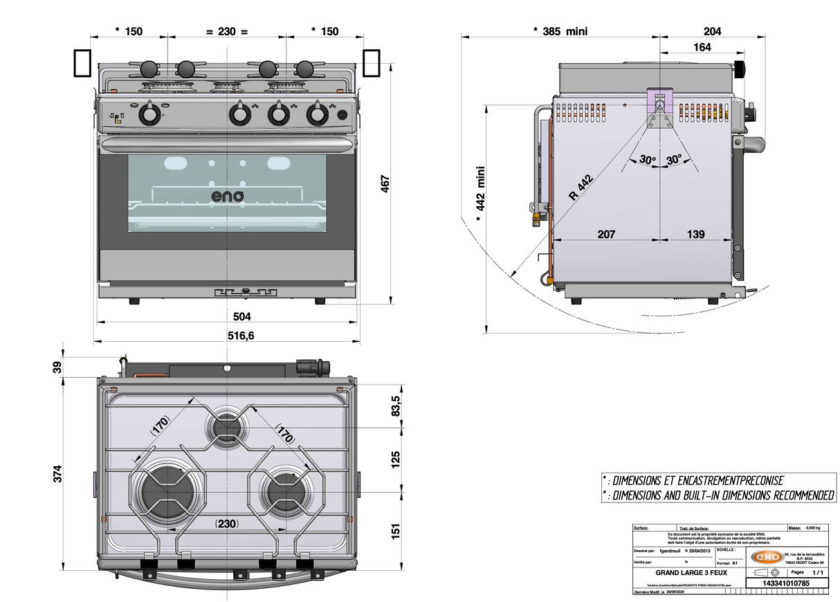 ENO Grand Large 3 Burner  Marine / Campervan / Caravan Oven with Grill
