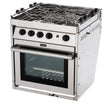A Force 10 4-Burner Gimballed Gas Cooker with an oven and broiler, made from marine-grade stainless steel, featuring four burners on top and a viewing window on the oven door.